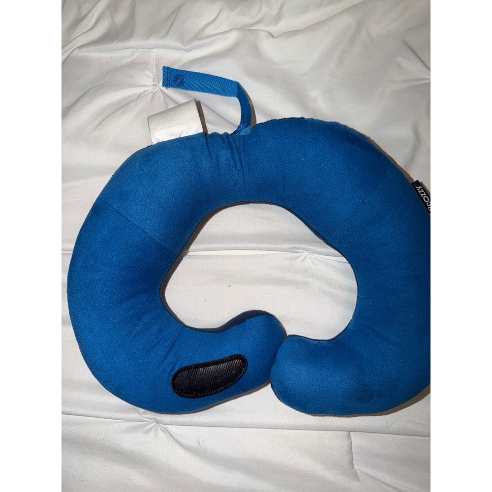 Bcozzy Blue Travel Neck Pillow Chin Support Ergonomic Wrap Around Snap Loop